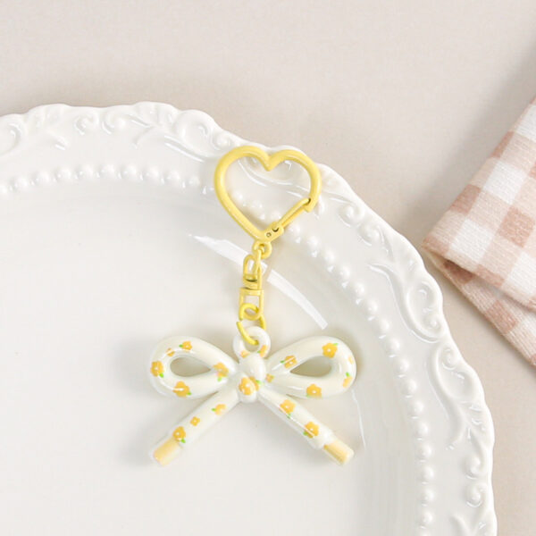 Cute Patterned Bow Keychain, Heart‑Shaped Spring Snap Bag Charm