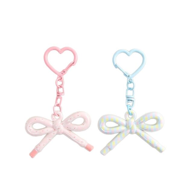 Cute Patterned Bow Keychain, Heart‑Shaped Spring Snap Bag Charm