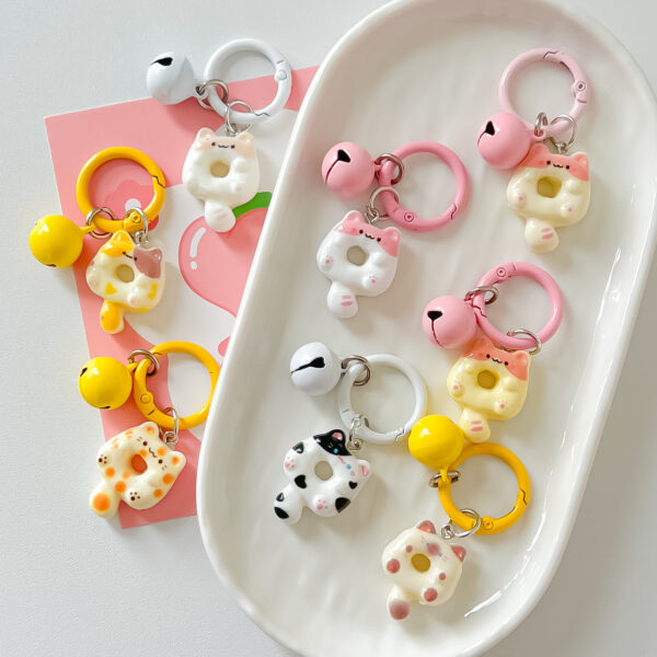 Cute Donut‑Cat Keychain with Bell Charm, Spring Snap Bag Pendant