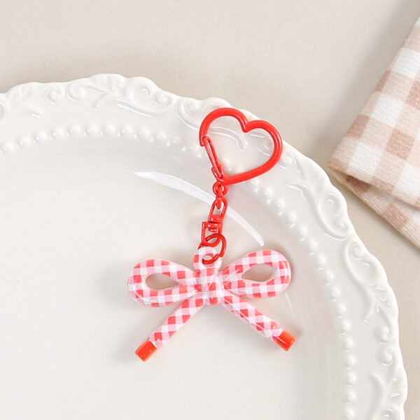Cute Patterned Bow Keychain, Heart‑Shaped Spring Snap Bag Charm